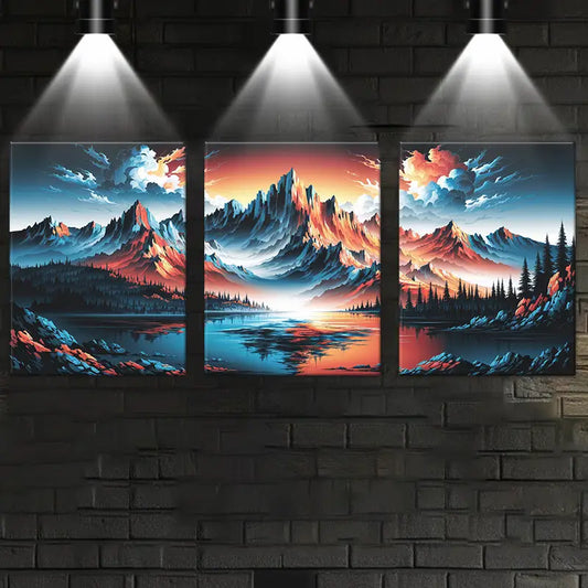 3pcs Nature-Inspired Mountain with Serene Lake & Sunset Metal Print Ready to Hang Art