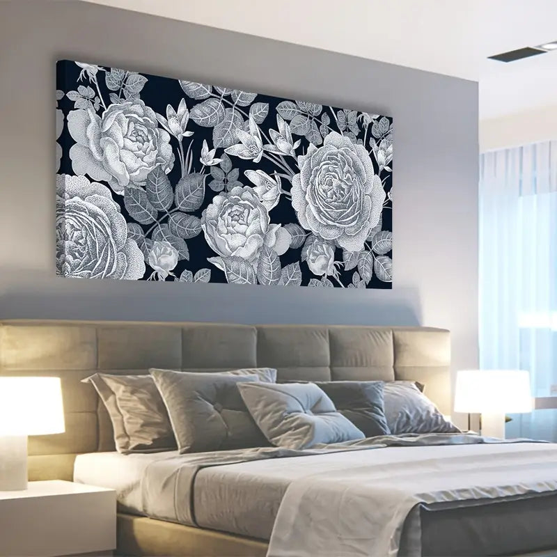 Intricate Roses and Leaves Botanical Wall Art canvas office home room framed 120x60cm