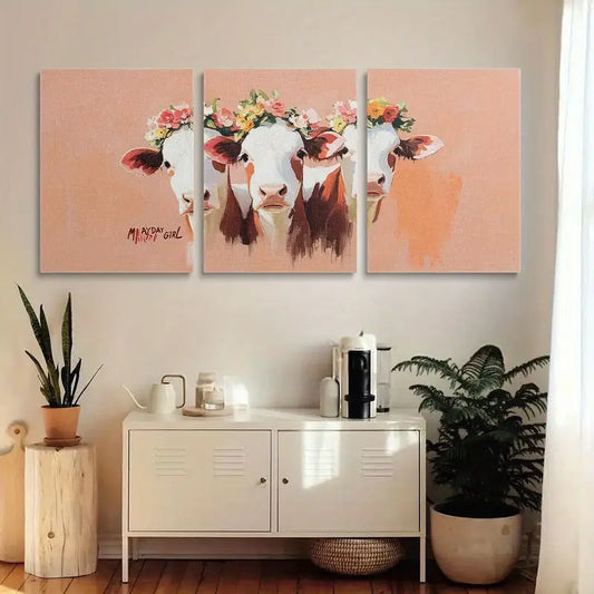 3pcs Cow with Flower Headbands Classic Design Metal Print Ready to Hang Art