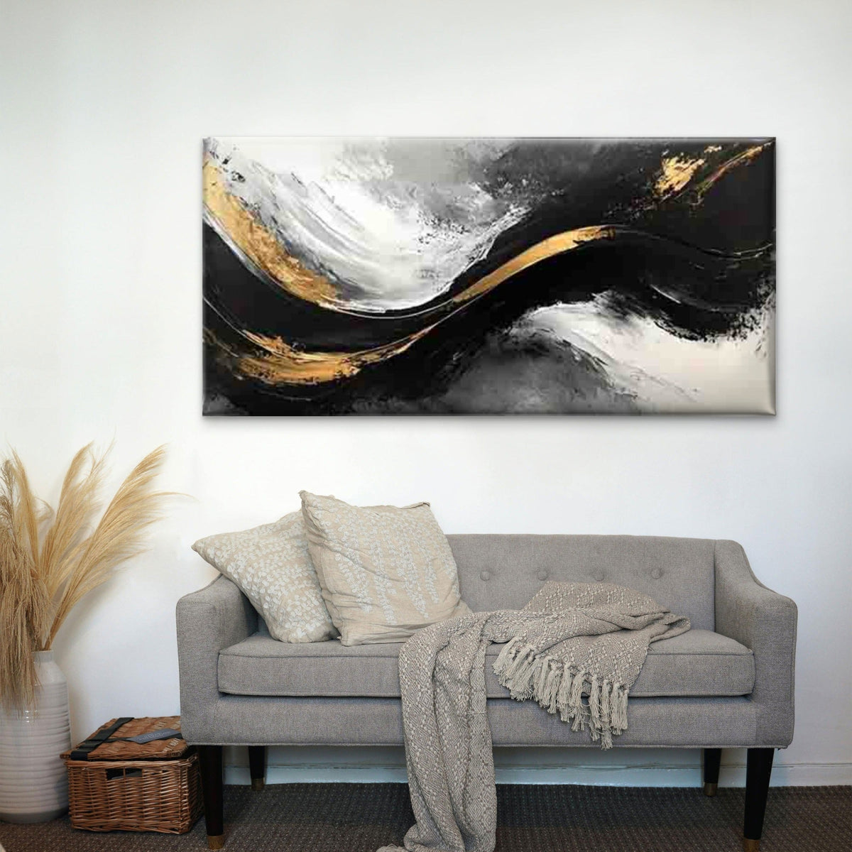 Elegant Abstract Black And Gold Wall Art Canvas Office Home Room Framed 120x60cm