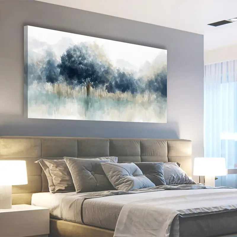 Modern Abstract Blue Forest Serene Nature Wall Art canvas office home room framed 120x60cm