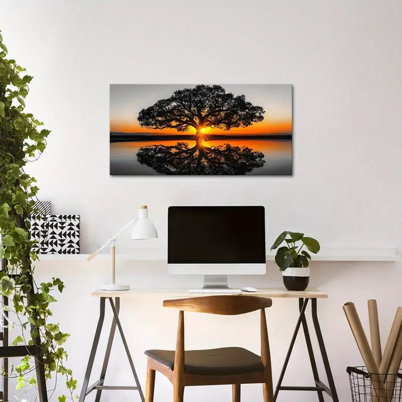 Black and White Oak Tree Sunset Wall Art canvas office home room framed 120x60cm
