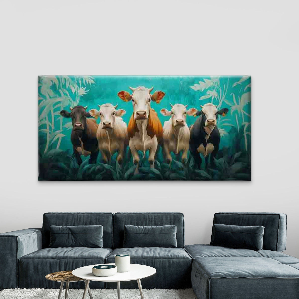 Featuring Cows in a Jungle Wall Art Canvas Office Home Room Framed 80x45cm