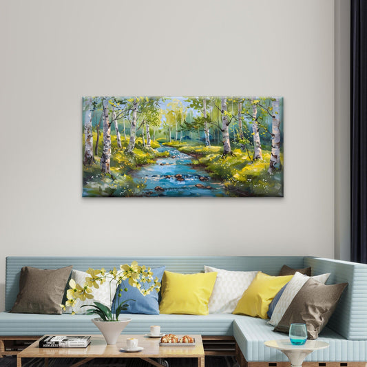 Serene Birch Forest River Flowing Through Sunlit Trees Landscape Wall Art Canvas Office Home Room Framed 80x45cm