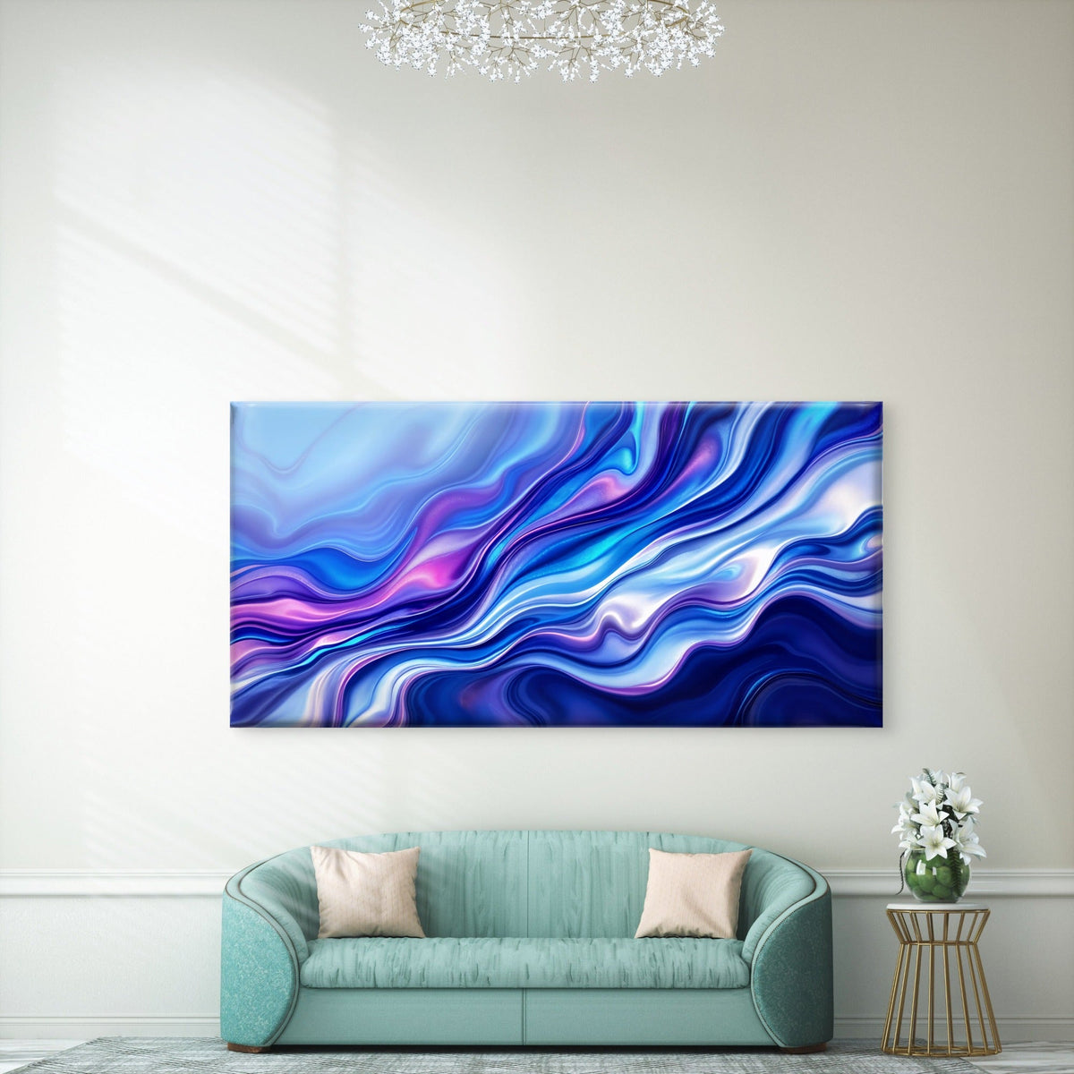 Blue Purple Fluid Waves Wall Art Canvas Office Home Room Framed 120x60cm
