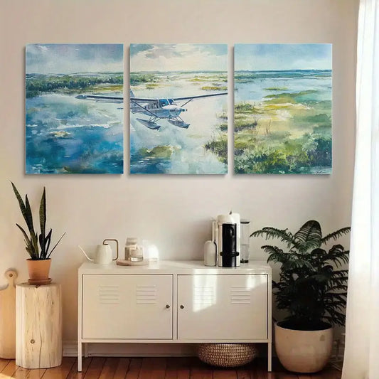 3pcs Seaplane & Serene Lakeside Scenes Metal Print Ready to Hang Art
