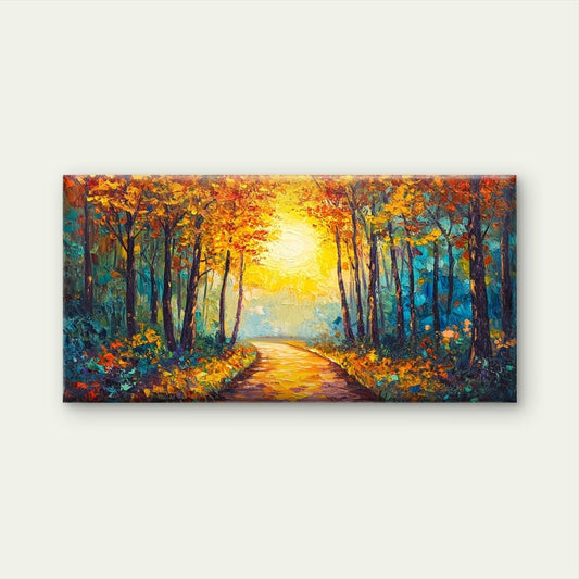 Autumn Forest Pathway Landscape Wall Art Canvas Office Home Room Framed 80x45cm