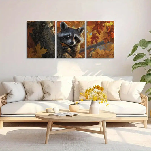 3pcs Cute Raccoon Peeking Behind Autumn Tree Metal Print Ready to Hang Art