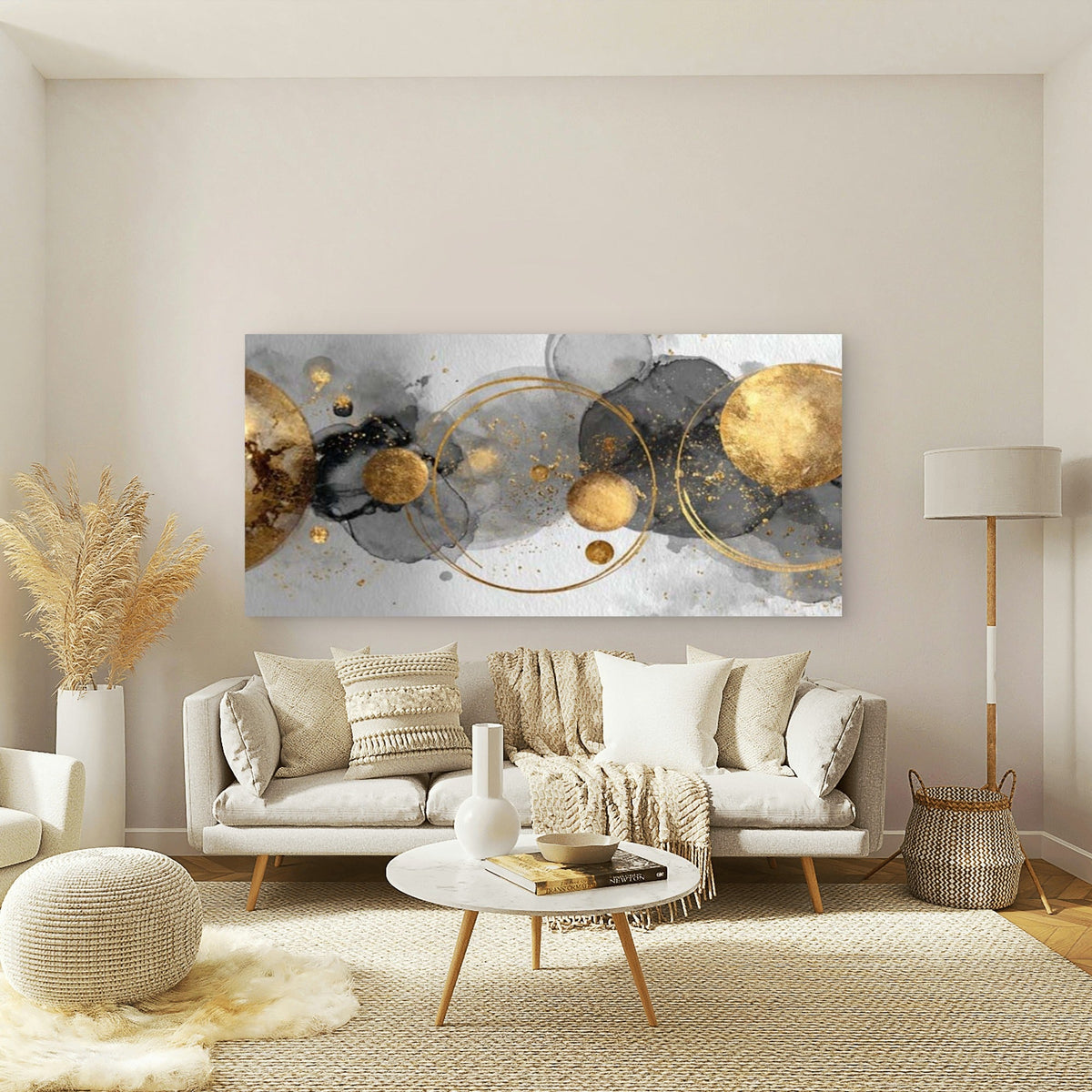 Abstract Gold Circles Wall Art Canvas Office Home Room Framed 120x60cm