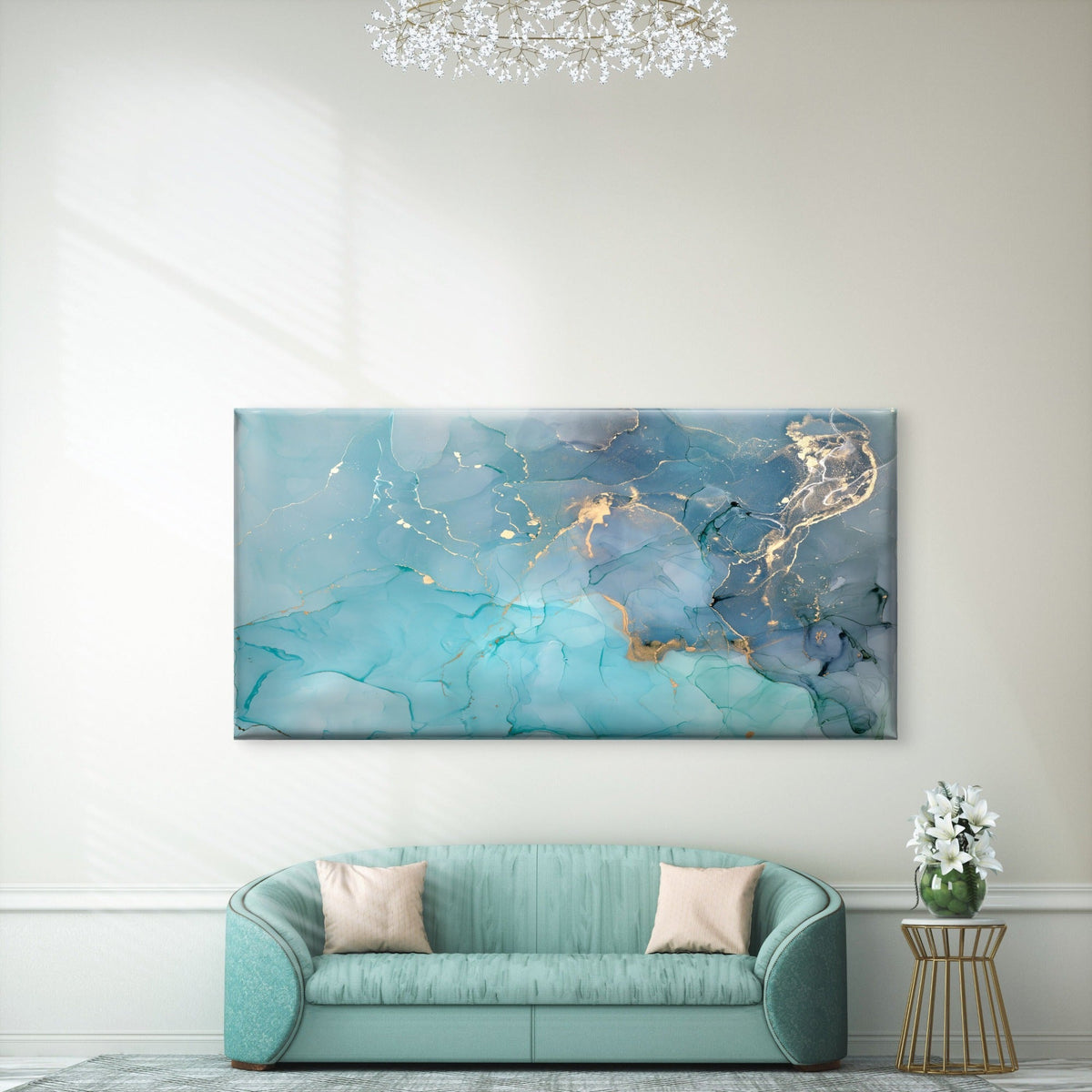 Turquoise Blue Gold Abstract Wall Art Canvas Office Home Room Framed 120x60cm