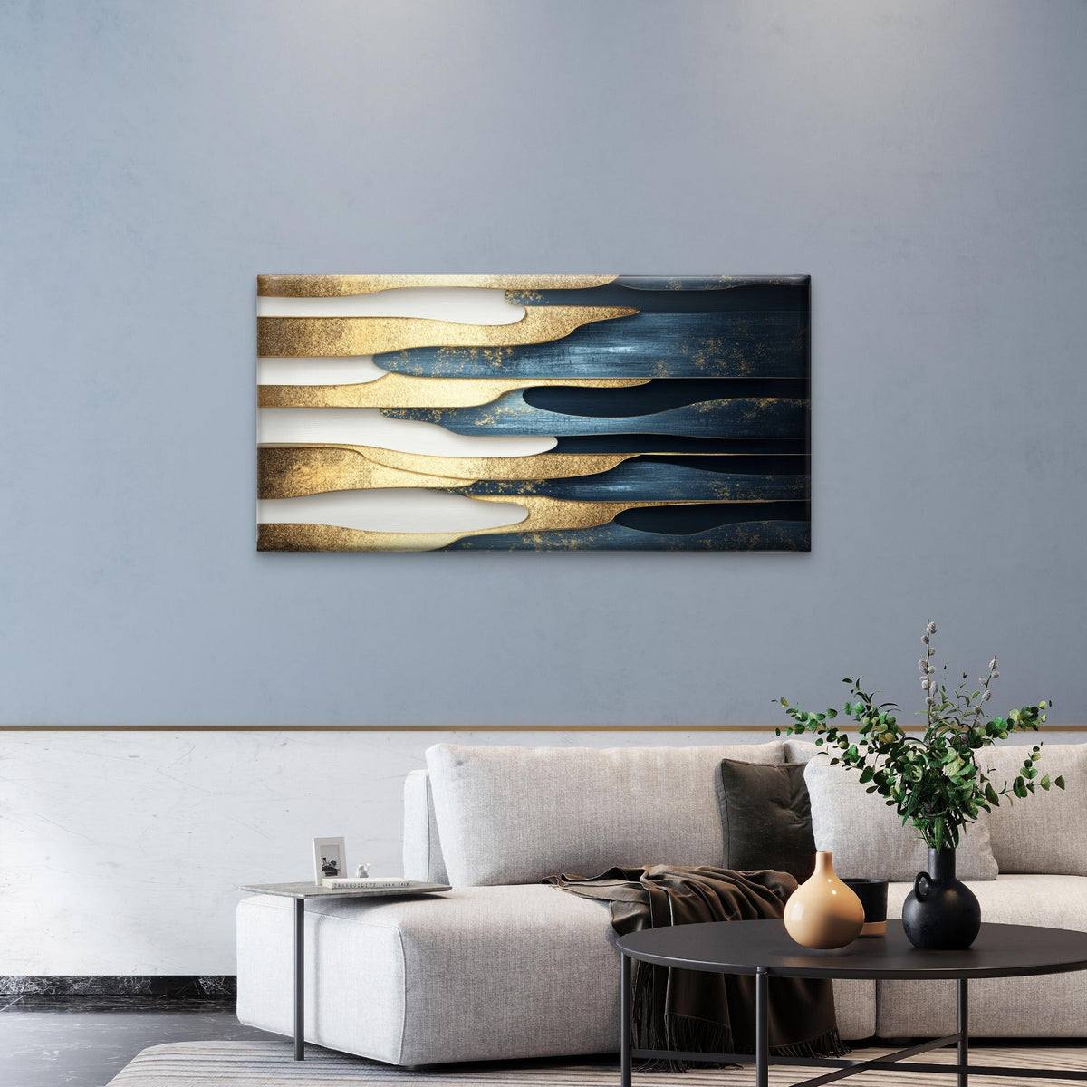 Navy Blue Gold Pattern Abstract Wall Art Canvas Office Home Framed 80x45cm