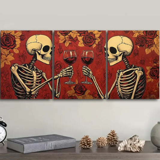 3pcs Skeletons Clinking Wine Glasses Metal Print Ready to Hang Art