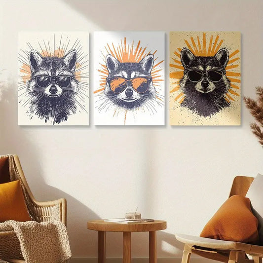 3pcs Vibrant Orange & Yellow Raccoon Burst Design Metal Print Ready to Hang Art