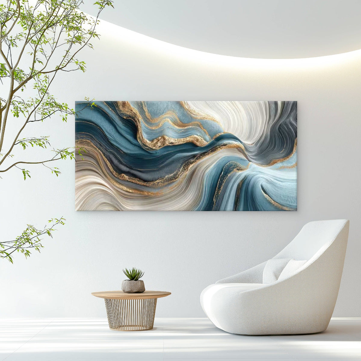 Abstract Geode Waves Blue Wall Art Canvas Office Home Room Framed 80x45cm