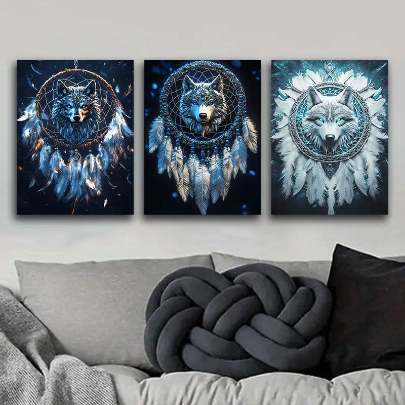 3pcs Dreamcatcher Wolf Metal Print Ready to Hang Art