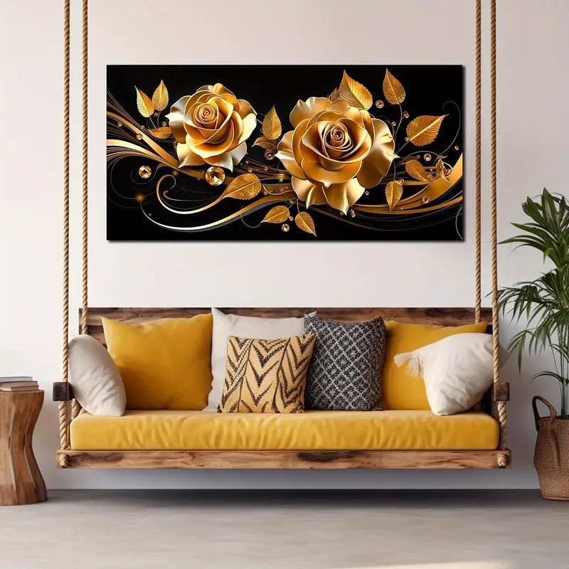 Golden Rose Elegant Floral Black Wall Art canvas office home room framed 120x60cm