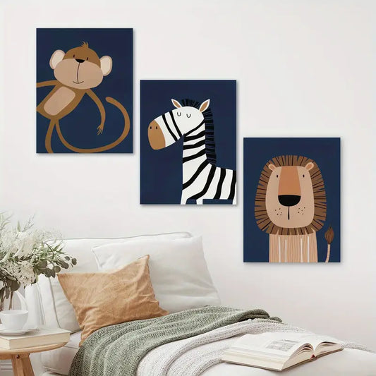 3pcs Navy Blue Safari Animal Minimalist Painting Metal Print Ready to Hang Art