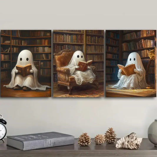 3pcs Ghost in Library Metal Print Ready to Hang Art