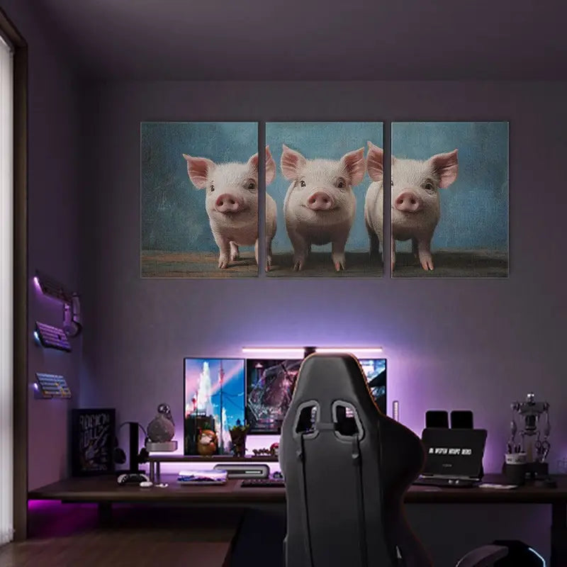 3pcs Whimsical Pink Pigs on a Blue Textured Backdrop Metal Print Ready to Hang Art
