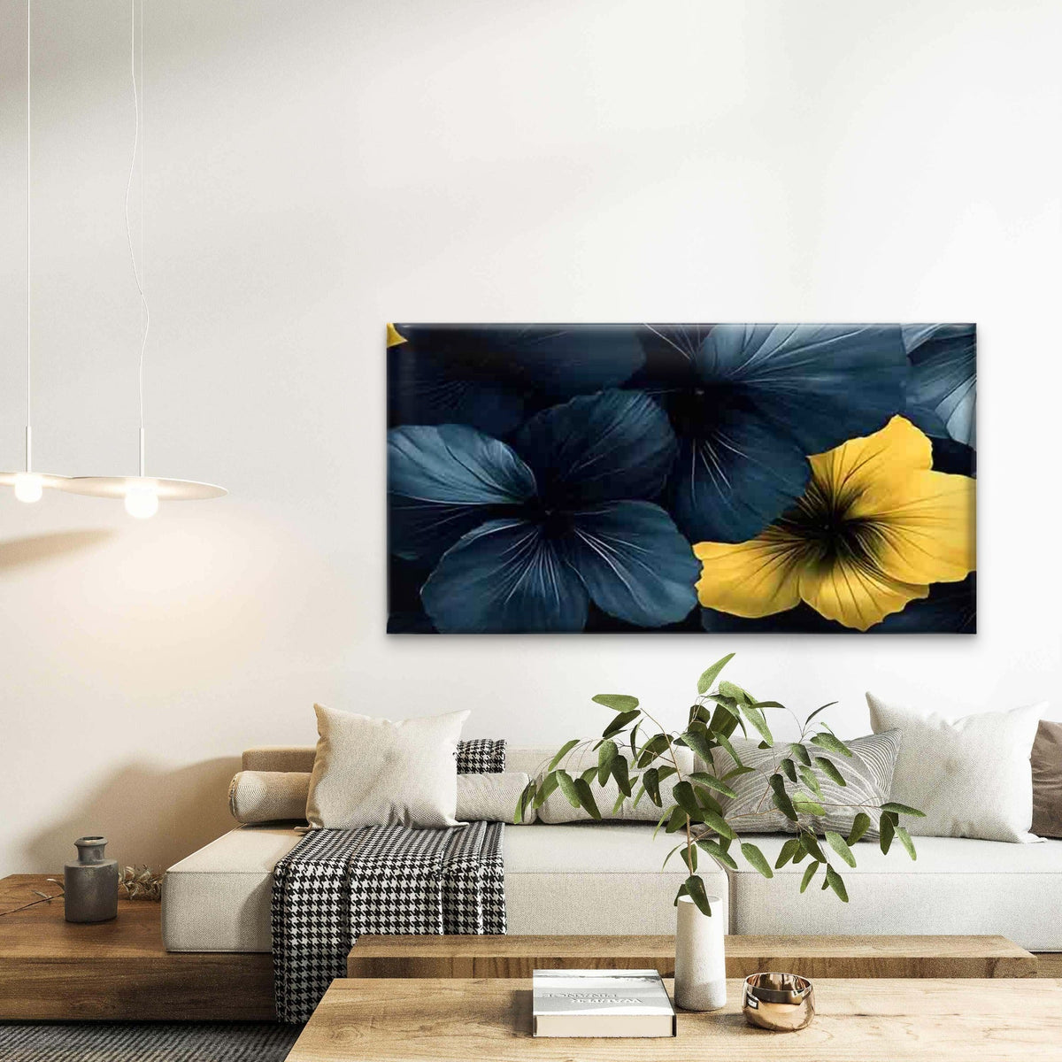 Blue and Yellow Floral Wall Art Canvas Office Home Room Framed 120x60cm