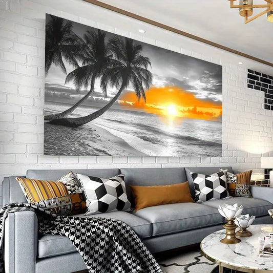 Tropical Beach Sunset Coconut Trees & Ocean View Wall Art wall canvas office home room framed 80x45cm