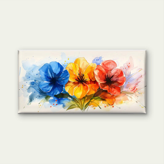 Vibrant Watercolor Floral Trio Blue Yellow Red Blossoms Wall Art Canvas Office Home Room Framed 80x45cm