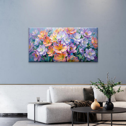 Purple Orange Floral Bouquet Paint Wall Art Canvas Office Home Framed 80x45cm