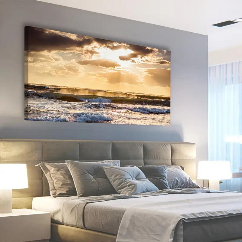 Sunset Ocean Glow Sea Scene Wall Art canvas office home room framed 120x60cm
