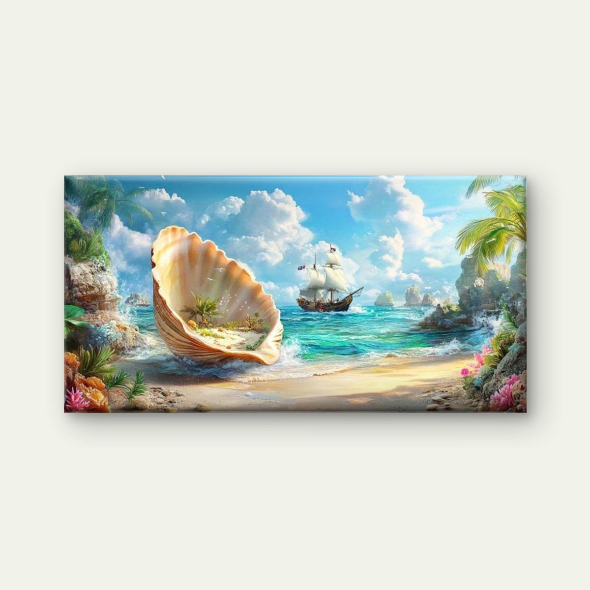 Tropical Shell Island Coastal Wall Art Canvas Office Home Room Framed 120x60cm