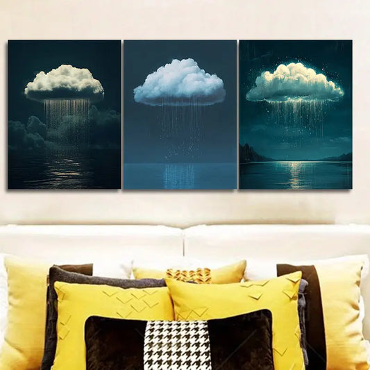 3pcs Featuring a Solitary Cloud with Rain Metal Print Ready to Hang Art