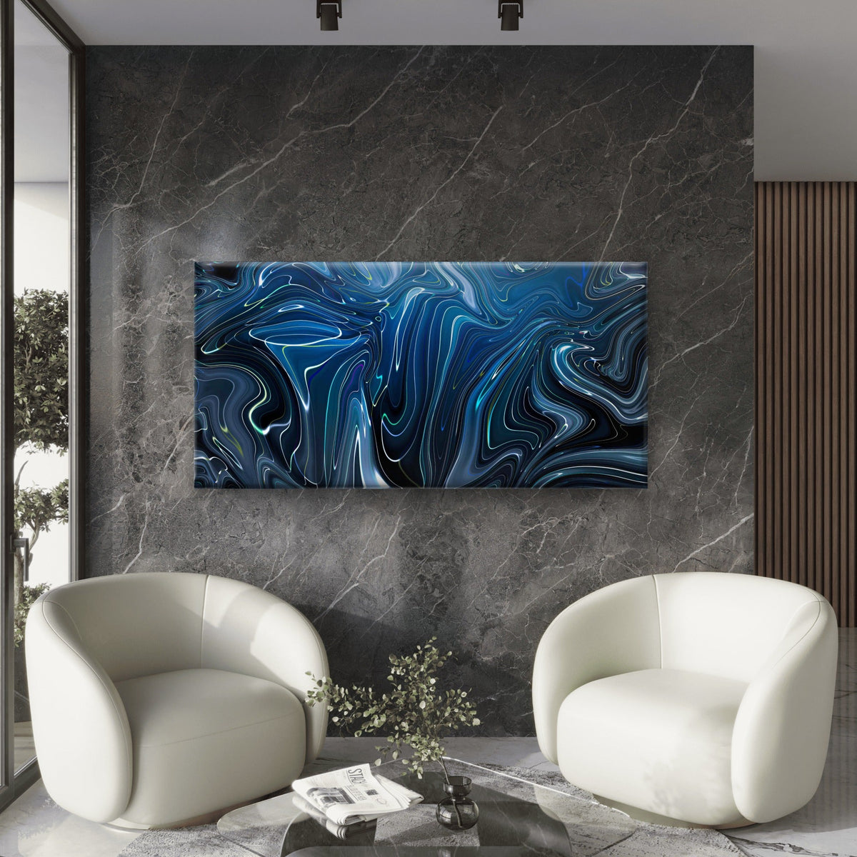 Blue Abstract Liquid Marble Wall Art Canvas Office Home Room Framed 120x60cm