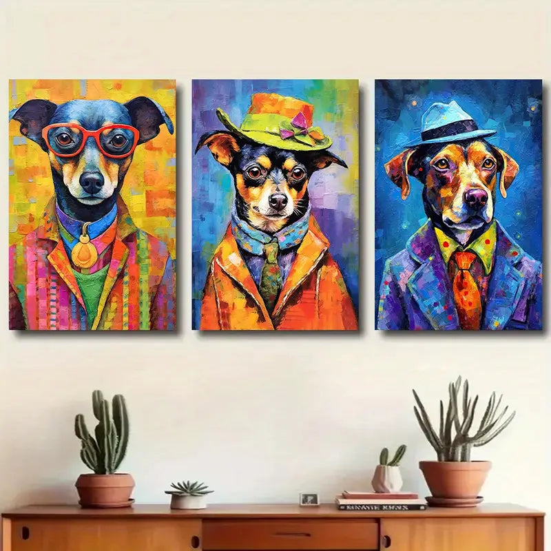 3pcs Watercolor Colorful Stylish Dog Dressed in Trendy Suits Metal Print Ready to Hang Art