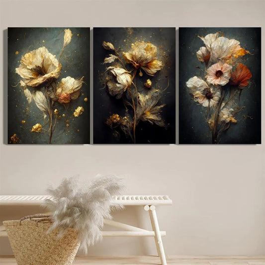 3pcs Vintage Botanical Dried Flower Abstract Bouquet Metal Print Ready to Hang Art