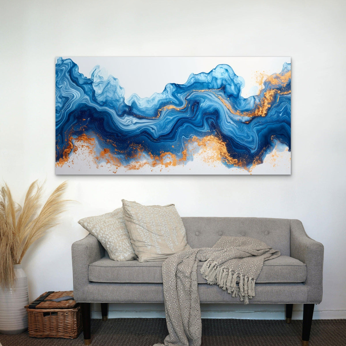 Azure Ocean Gold Shimmer Wall Art Canvas Office Home Room Framed 120x60cm