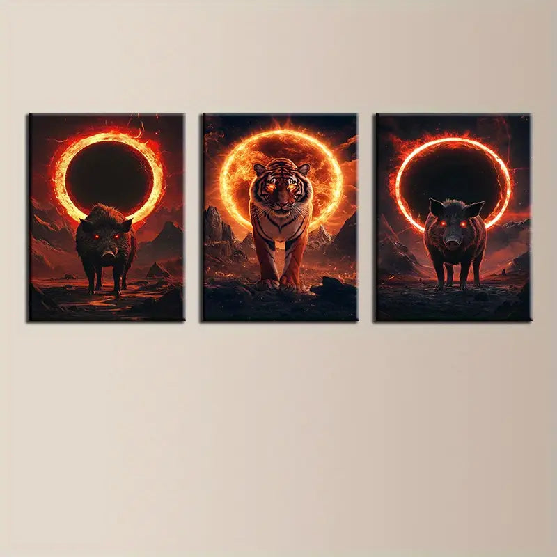 3pcs Majestic Animals Painting Pig and Tiger Fire Ring Metal Print Ready to Hang Art