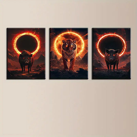 3pcs Majestic Animals Painting Pig and Tiger Fire Ring Metal Print Ready to Hang Art