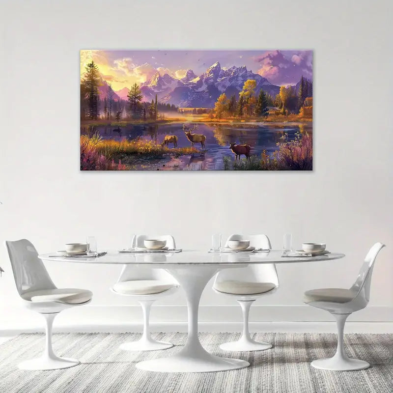 Mountain Rustic Deer Wildlife Vibrant Sunset Wall Art canvas office home room framed 120x60cm