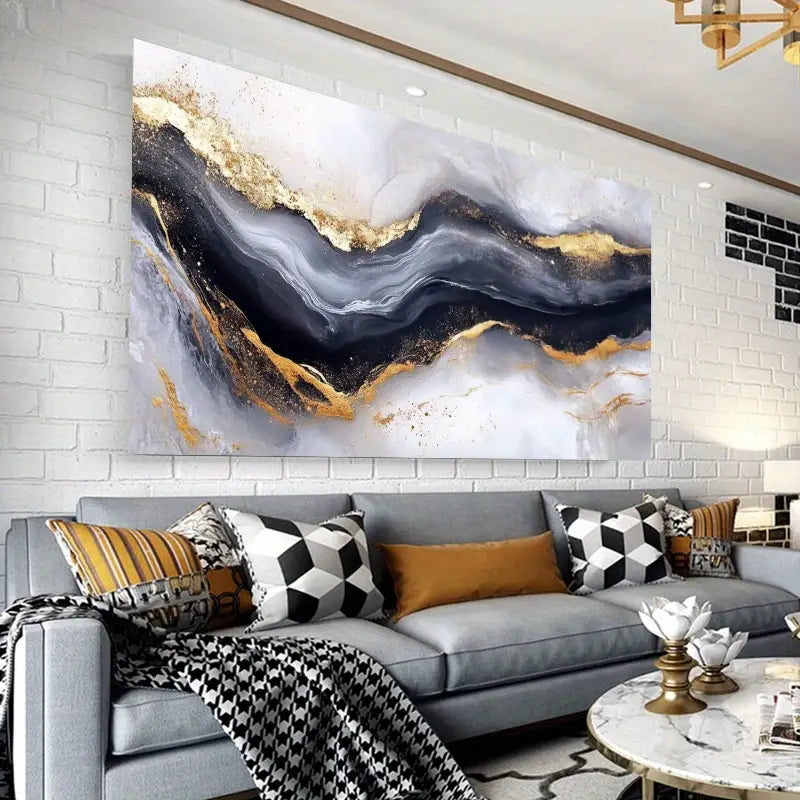 Abstract Black Golden Fluid Painting Wall Art wall canvas office home room framed 80x45cm