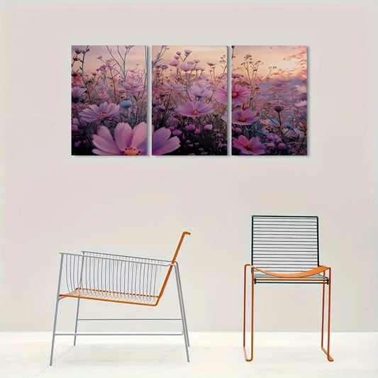 3pcs Purple Flower Field Sunset Blossom Metal Print Ready to Hang Art