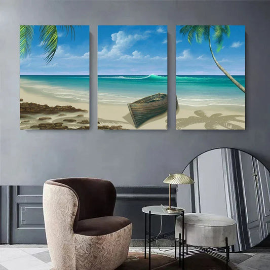 3pcs Tropical Seascape with Sand and Weathered Boat Metal Print Ready to Hang Art