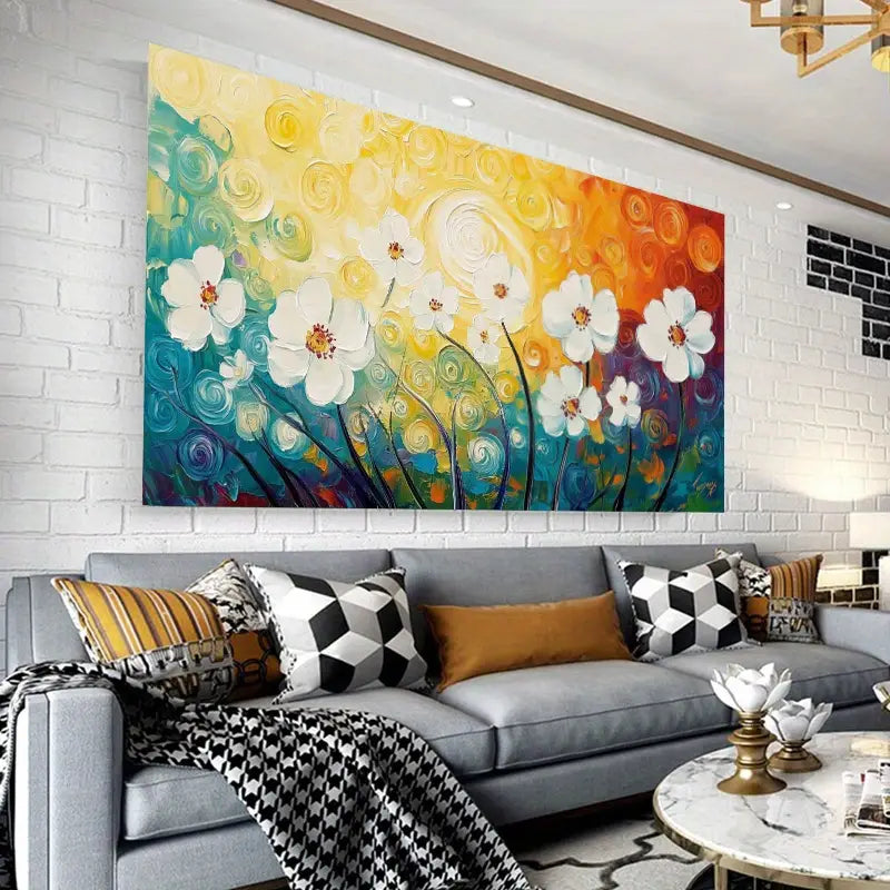 Modern Vibrant White Flowers Wall Art wall canvas office home room framed 120x60cm