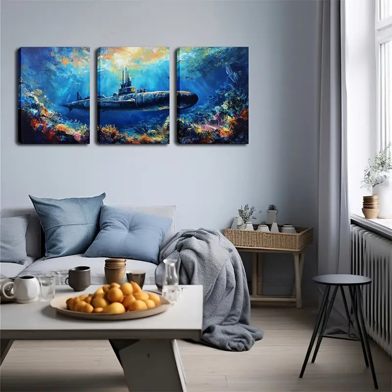 3pcs  Submarine in Deep Sea Wall Art Set Canvas Framed 40x60cm - High Quality Print 100% Australian Made Wall Canvas Ready to Hang