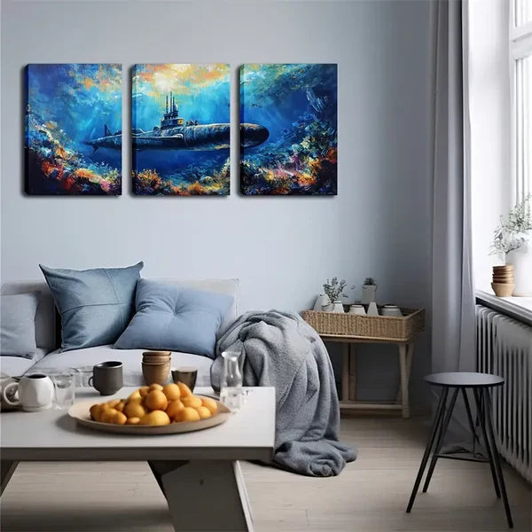 3pcs Submarine in Deep Sea Wall Art Set Canvas Framed 60x90cm - High Quality Print 100% Australian Made Wall Canvas Ready to Hang