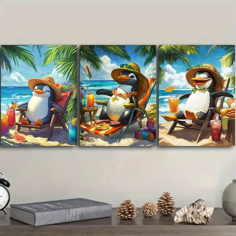 3pcs Penguins on Holiday Metal Print Ready to Hang Art