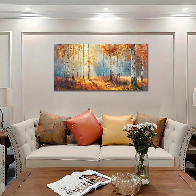 Autumn Birch Tree Vibrant Fall Foliage Forest Wall Art canvas office home room framed 120x60cm