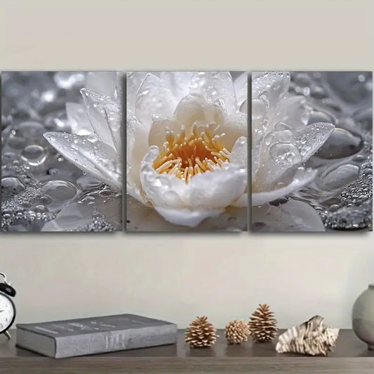 3pcs Featuring White Lotus Flowers Metal Print Ready to Hang Art