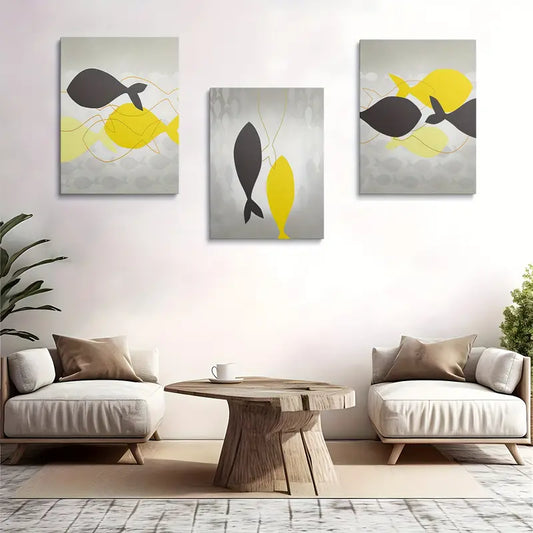 3pcs Geometric Fish Pattern Black and Yellow Metal Print Ready to Hang Art
