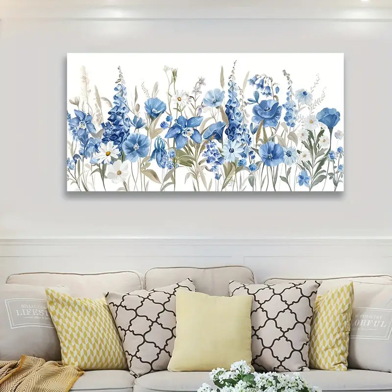 Vibrant Blue Iris & Daisy Modern Botanical Wall Art canvas office home room framed 120x60cm