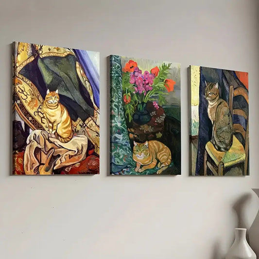 3pcs Retro Style Cat Abstract Landscape Art Wall Art Set Canvas Framed 40x60cm - High Quality Print 100% Australian Made Wall Canvas Ready to Hang
