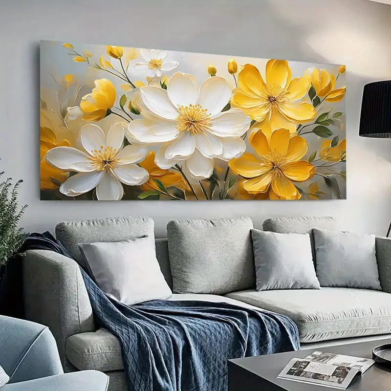 Yellow White Floral Art wall canvas office home room framed 120x60cm